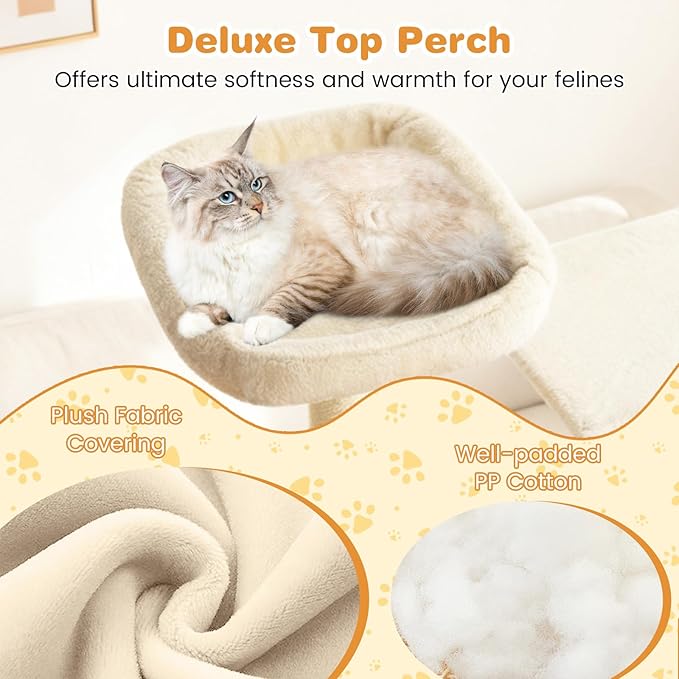 Tangkula Tall Cat Tree, 63 Inch Large Cat Tower with Sisal Scratching Posts, Plush Top Perch, Condo, Hammock, Basket Bed, Dangling Balls & Jumping Platforms for Indoor Cats Large Adult (Beige)