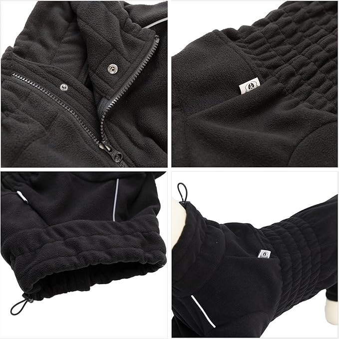 Lovelonglong Warm Dog Coat, Windproof Dog Jacket for Small Medium Large Dogs, 4 Legged Fleece Dog Winter Coat Zippered Closure Dog Outdoor Jacket Black S
