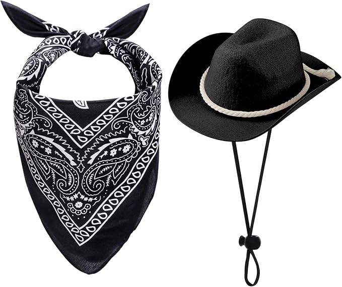 choyaxo Dog Cowboy Hat Dog Cowboy Costume for Small Pet Dogs Cat Cowboy Hat with Bandana Scarf Set Party Accessories (Black, Large)