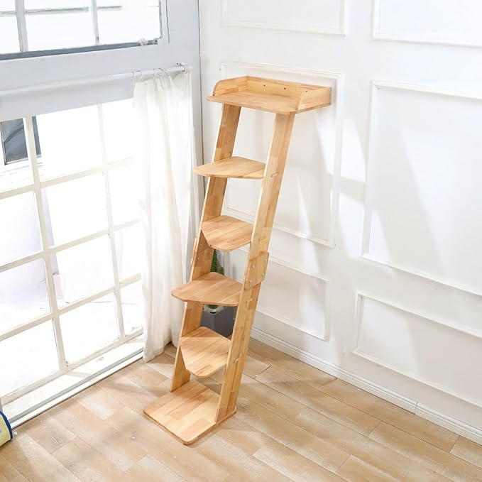 SHENGOCASE Modern 70" Tall Natural Wood 6 Level Leaning Cat Climbing Ladder Tree Tower with Large Perch Platform for Wall Window, Solid Wood Furniture for Multiple Cats