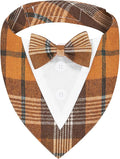 Fall Dog Tuxedo Bandana, Orange Plaid Pet Collar with Bowtie, Adjustable Halloween Thanksgiving Dog Tux Costume for Small Medium Large Pets