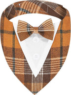 Fall Dog Tuxedo Bandana, Orange Plaid Pet Collar with Bowtie, Adjustable Halloween Thanksgiving Dog Tux Costume for Small Medium Large Pets