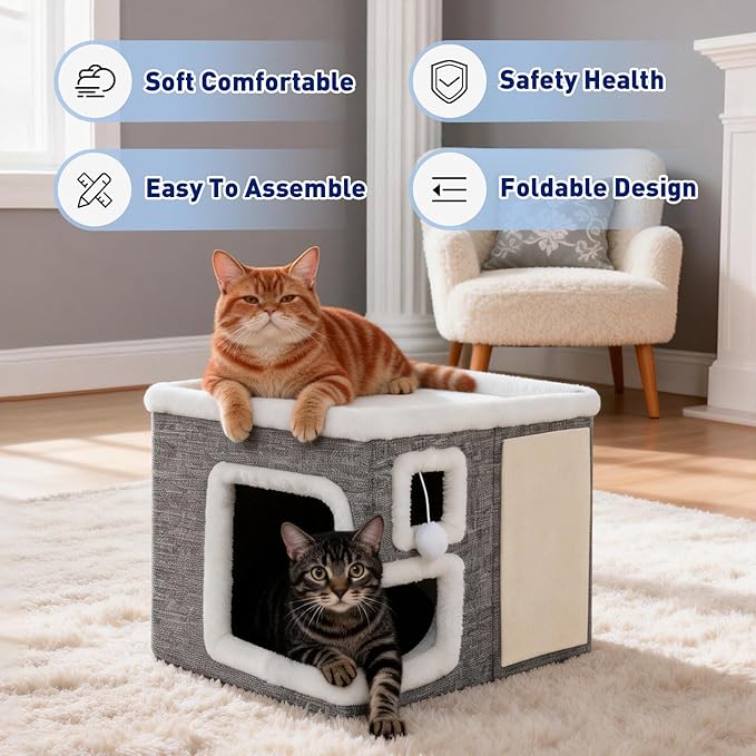 Cat Houses for Indoor Cats,Foldable with Cat Scratch Pad and Hanging Fur Ball - Washable Semi-Enclosed Cat Bed, Warming Comfy Cat Tent,16.5x16.5x12.99inch, Grey