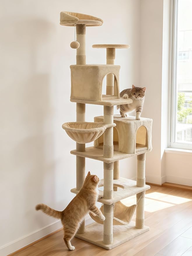 Cat Tree, 68-Inch Cat Tower for Indoor Cats, Plush Multi-Level Cat Condo with 7 Scratching Posts, 2 Perches, 2 Caves, Hammock (Beige)