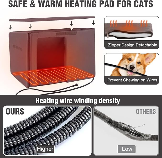 43.3'' Large Heated Outdoor Dog House Weatherproof with Anti-bite Metal Frame, Insulated Dog Kennel with Heating Pad for Outside, Dog Shelter for Small to Large Dogs (Light Brown)