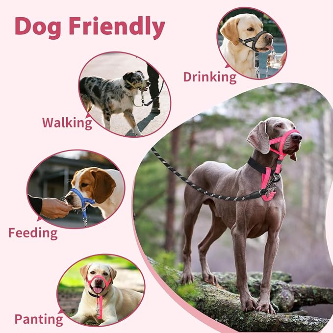 BARKLESS Sturdy No Pull Head Collar for Medium Large Dogs, Gentle Reflective Head Halter with Safety Link, Adjustable Nylon Dog Training Muzzle Leash for Walking Control (Hot Pink, L)