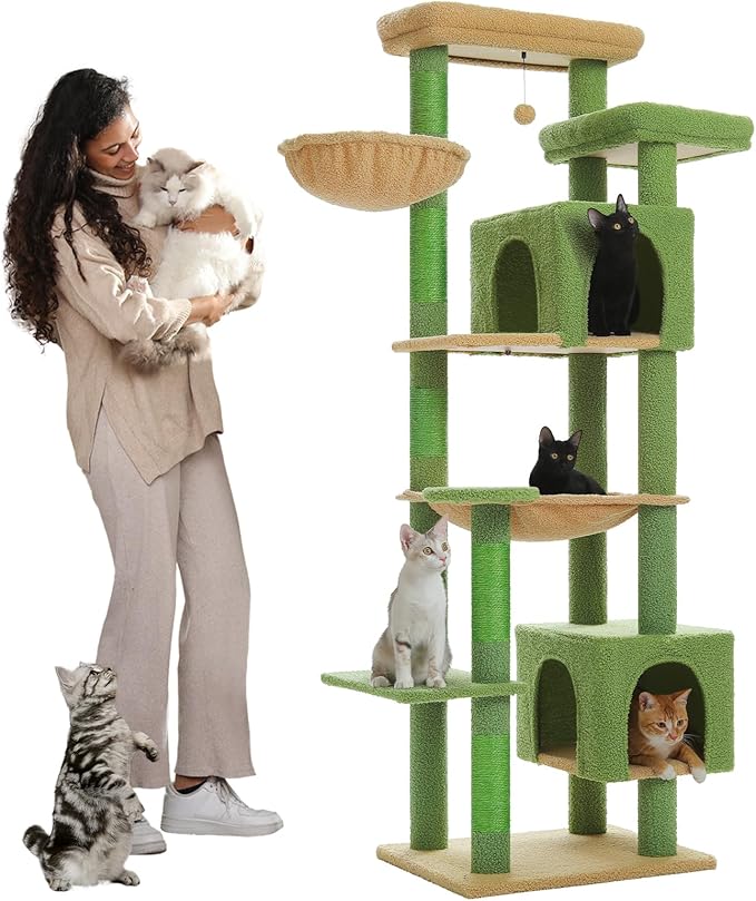 PETEPELA 69" Tall Cat Tree for Indoor Large Cats, Cat Tower for Adult Cats with Big Hammock, Cat Climbing Tree Tower with Scratching Posts, Condo House and Large Top Perch, Green
