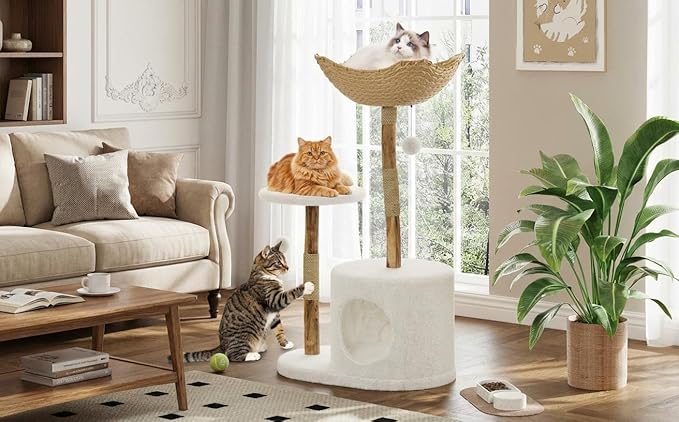 Multi-Level Cat Tree Tower with Bed, Wicker Basket & Condo - Wood Cat Scratching Post Furniture, Natural Pet Climbing Tree Stand for Large Cats