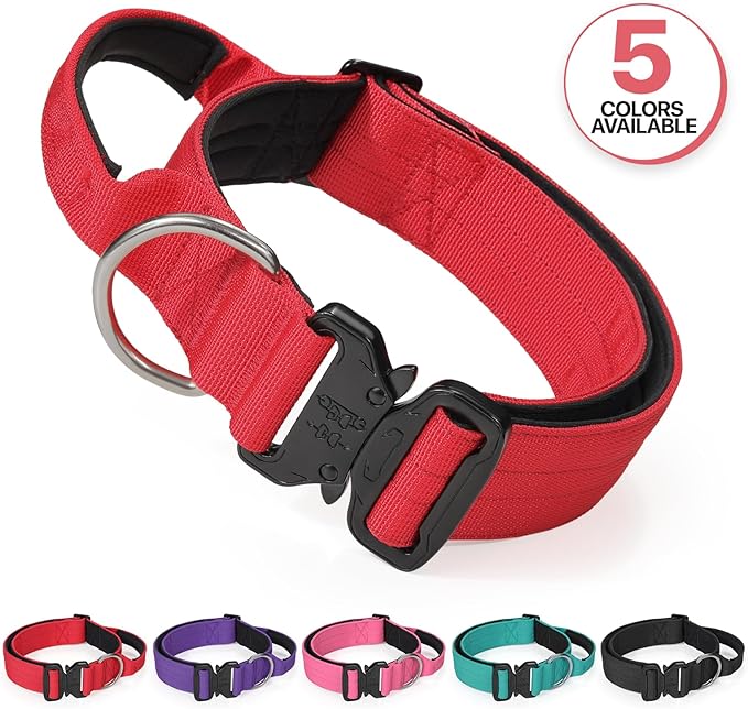 MoNiBloom Tactical Dog Collar with Handle, 1.5 Inch Wide Heavy Duty Military Collar for Medium Large Dog Walking, Training, Running, Red