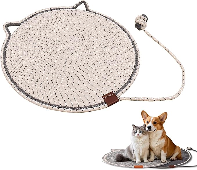 Handmade Woven Cat Scratcher Mat, 16.9"/19.7" Natural Cotton Rope Cat Scratching Pad for Indoor Cats, Non-Slip Flat Scratch Pad, Soft Durable Cat Lounging Mat with Ball Toy (Cream White,16.9 in)