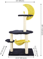 CTR1003A Aurora 49" 3-Tier Modern Sisal Moon and Stars Cat Tree with Scratching Posts, Basket, and Fuzzy Bell Toys, Navy/Yellow/White
