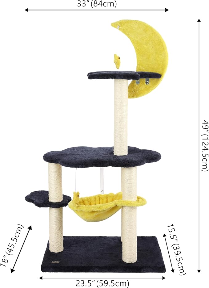 CTR1003A Aurora 49" 3-Tier Modern Sisal Moon and Stars Cat Tree with Scratching Posts, Basket, and Fuzzy Bell Toys, Navy/Yellow/White