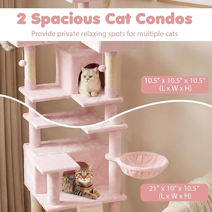 Tangkula 65 Inch Tall Pink Cat Tree, Multi-Level Cat Tower with Sisal Scratching Posts & Board, 2 Condos, 3 Plush Top Perches, Adjustable Basket, 3 Hanging Balls for Indoor Cats (Pink)