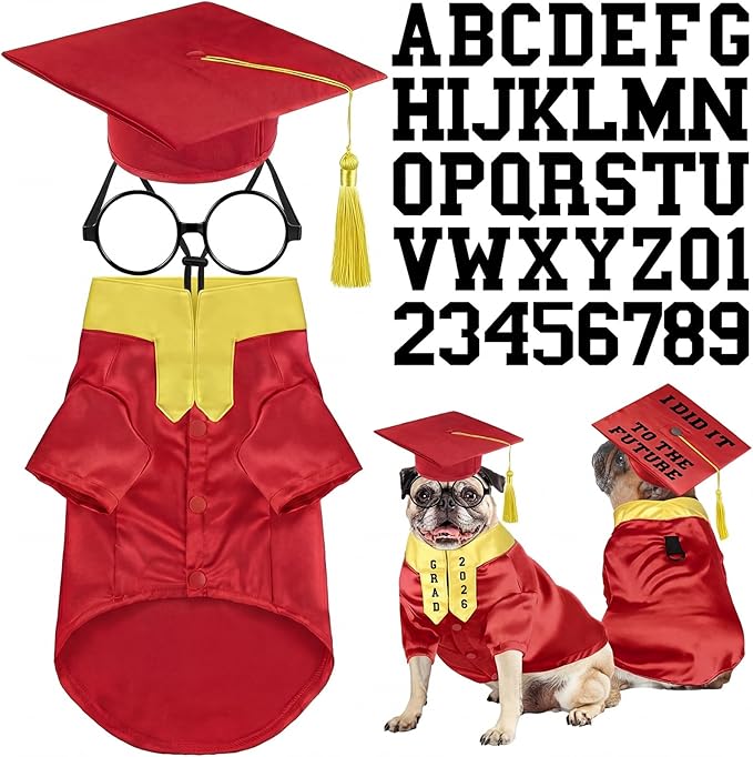 5 Pcs Dog Graduation Costume Set Include 2026 Pet Graduation Gown with Stole Puppy Grad Cap Lensless Glasses DIY Letter Stickers for Dogs Cats Holiday Costume Accessory(Red Yellow,M)