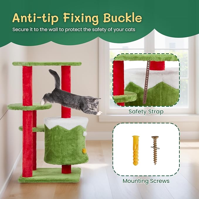 Christmas Decorations, Christmas Cat Tree Tower, 32.5 inch Cat Furniture with Condo & Multiple Platforms, Green Red White Cat Tree for Indoor Cats, Large Cat Tree with Scratching Post