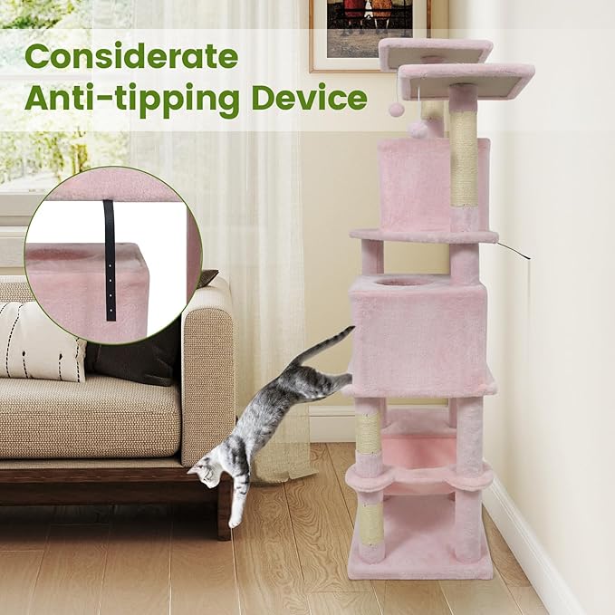 PETSITE 57-inch Modern Cat Tree, Multi-Level Cat Tower with 2 Comfy Condos, Sisal Scratching Posts, Plush Top Perch, Snug Hammock, and Dangling Balls, Ideal for Indoor Cats and Kittens (Pink)