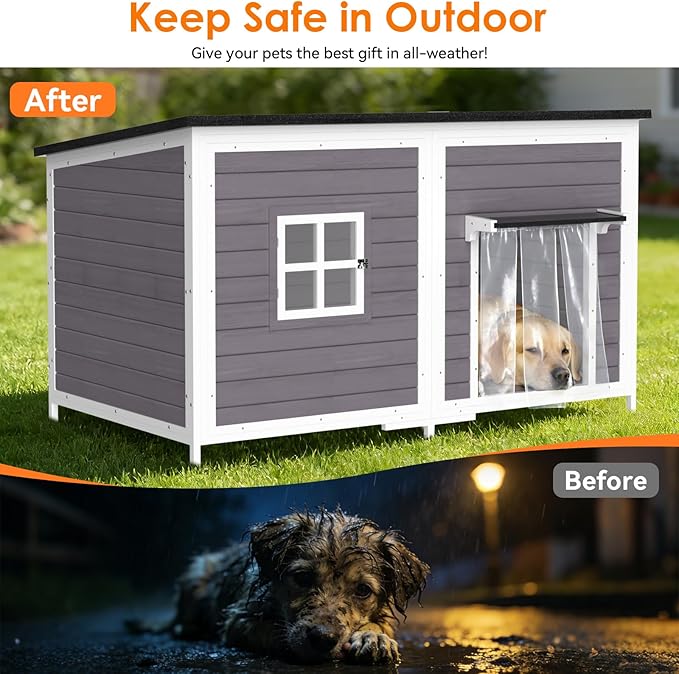 59" Dog House for Outdoor, Extra Large Dog House with Weatherproof Roof, Easy to Install, Anti-Chewing Metal Frame Design for Small Medium Large Breeds Dogs(Gray)