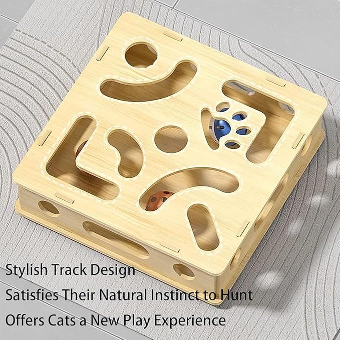 Cat Scratch Puzzle Enrichment Box, Nail File Stress Free Alternative to Clippers and Grinders, with 6 Bell Balls and Cats Funny Stick, Cat Nail File Enrichment Box for Cats (Beige_with Springs)