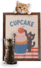 Decorative Wall Art Cat Scratcher, BC Grade Cardboard Framed 13"x17" Dust-Free Vertical Scratching Post, No-Drill Wall Mount (Renter-Friendly), Durable Cat Toy & Home Decor (Cherry) (Cupcake)