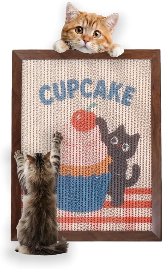 Decorative Wall Art Cat Scratcher, BC Grade Cardboard Framed 13"x17" Dust-Free Vertical Scratching Post, No-Drill Wall Mount (Renter-Friendly), Durable Cat Toy & Home Decor (Cherry) (Cupcake)
