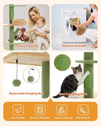 PEQULTI Floor to Ceiling Cat Tree Adjustable Height (87"-100"), 5 Levels Cactus Cat Tower with Perch&Replaceable Hammock, 4.1" Super Robust Cat Scratcher, Green
