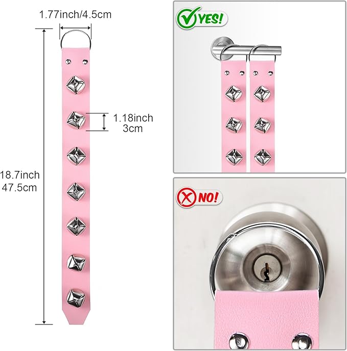 Frienda Hanging Jingle Sleigh Bells 7-Bell Dog Doorbells for Door Knob Faux Leather Belts Go Outside Dog Bells Christmas Decor and Holiday Decorations, 18.7 x 1.8 x 1 Inches(Pink with Silver)
