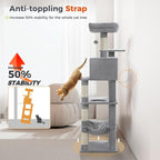 PEQULTI 56.3'' Cat Tree for Indoor Cats, Multi-Level Cat Tower with 2 Top Perch, Cat Condo, Hammock and Sisal-Covered Scratching Post, Grey