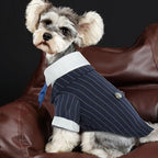 DENTRUN Navy Blue Dog Tuxedo - Formal Pinstripe Pet Suit Shirt with Satin Tie, Elegant Wedding Outfit Birthday Party Attire for Chihuahua Yorkie Shih Tzu Pomeranian Small Dogs (Polyester), S