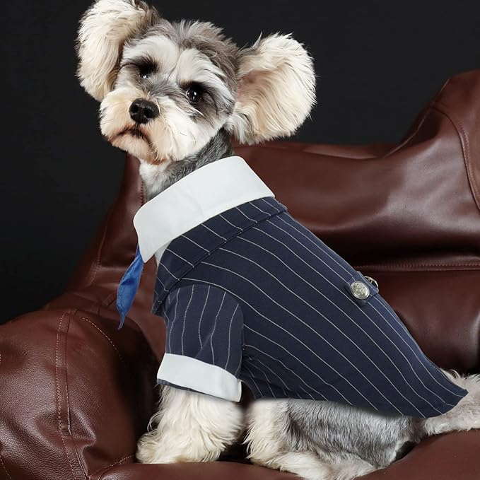 DENTRUN Navy Blue Dog Tuxedo - Formal Pinstripe Pet Suit Shirt with Satin Tie, Elegant Wedding Outfit Birthday Party Attire for Chihuahua Yorkie Shih Tzu Pomeranian Small Dogs (Polyester), S