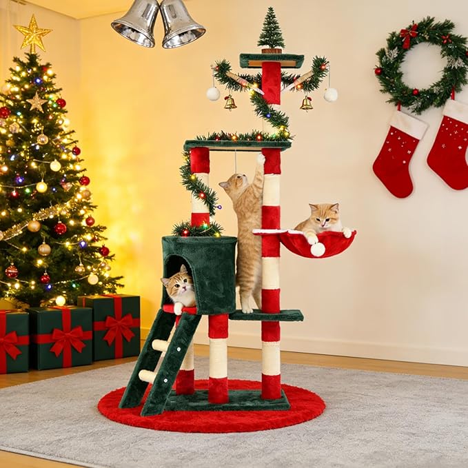 55" Christmas Cat Tree with Cozy Condos, Sisal Scratching Posts & Plush Fabric, Cats Tower with Large Perch Activity Center for Kittens to Adults Cats, Fits Living Room, Bedroom, Apartments