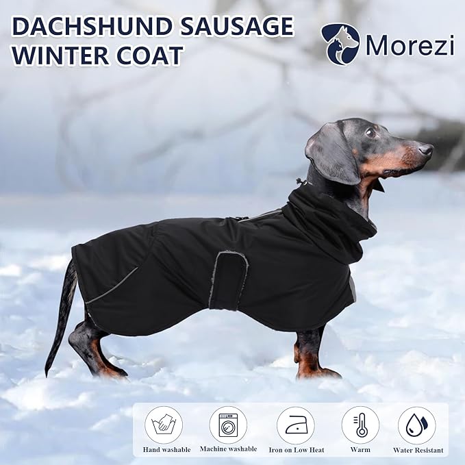Dachshund Coats Waterproof, Perfect for Dachshunds, Sausage, Weiner Dog Winter Coat with Padded Fleece, Puppy Snowsuit with Adjustable Bands and High Vis Reflective Trim - Black - L