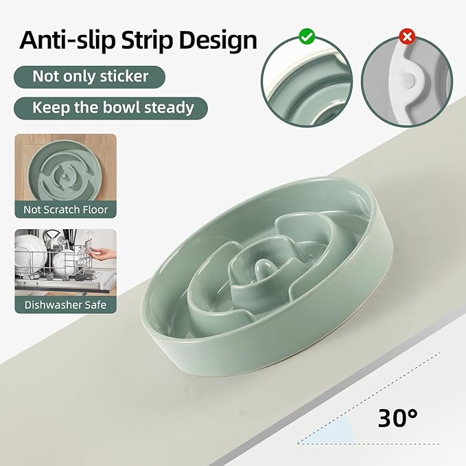 Ceramic 1.6 Cup Slow Feeder Dog Bowl for Medium and Large Breed, 8.2inch Puzzle Dog Food Dish, Anti-Gulping, Stop Bloat, Preventing Choking (Single Bowl-Light Green)