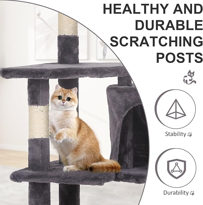 36-Inch Ergonomic Cat Activity Tower with Sisal-Wrapped Columns & Toys - Modular Design Saves Floor Space While Providing 3-Tier Vertical Play Zones for Multiple Indoor Cats（Light Grey）