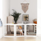 PAWLAND Free Standing Dog Gates for The House Stairs Doorways Indoor Foldable Wooden Small White Puppy Pet Gate Step Over Fence 60" W 24" H 3 Panels