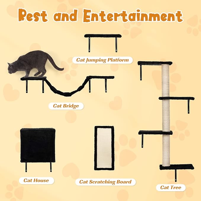 5 Pcs Wall-Mounted Climber Set, Wood Indoor with Shelves and Perches, Ladder, Condo House, Scratching Board and Tree, Wall Shelves Furniture for Cats (Black)