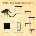 5 Pcs Wall-Mounted Climber Set, Wood Indoor with Shelves and Perches, Ladder, Condo House, Scratching Board and Tree, Wall Shelves Furniture for Cats (Black)
