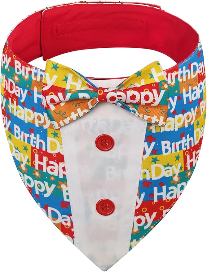 Dog Birthday Tuxedo Bandana Collar with Bow Tie, Adjustable Happy Birthday Print Pet Outfit Costume for Dogs, XS to XL (XS-XL)