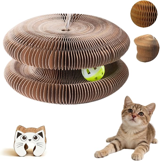 Magnetic Interactive Cat Toy Cardboard Scratcher with 1 Ball for Mental Exercise, Featuring Kitty Kurlz, an Accordion Scratching Board with Twist Paws for Indoor Cats in Gray/Brown