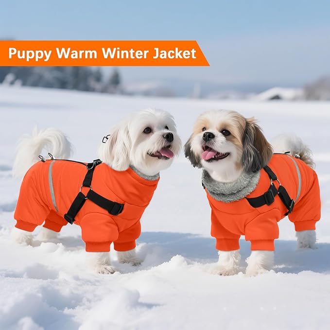 BRKURLEG Small Dog Winter Coat with Harness Built in, Orange Winter Dogs Jackets, Fullbody Dog Coat, Dogs Snowsuits Reflective Windproof Cold Weather Coats, Pet Warm Fleece Coats, S