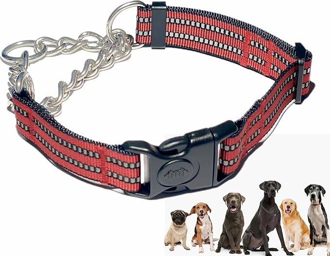 Martingale Collars for Dogs, Heavy Duty Stainless Steel Chain Training Collar, Reflective Nylon Adjustable Collar with Quick Release Buckle, Suitable for Puppy Medium Large Dogs (Red,S)
