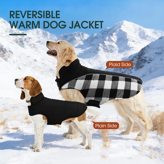 Kuoser Dog Winter Coat, Reversible Waterproof Dog Jacket with Reflective Strip, Warm Dogs Fleece Vest Adjustable Doggy Cold Weather Clothes Plaid Christmas Outfit Pet Apparel for Medium Dogs, Black M