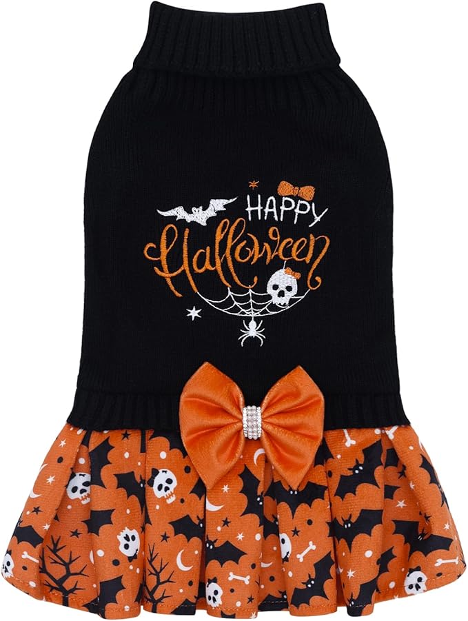 CuteBone Halloween Dog Sweater Dress for Medium Dogs Girl, Happy Halloween Embroidery Turtleneck Small Dog Sweater with Bowtie, Pet Clothing for Chihuahua Yorkie Teacup DS107S