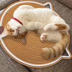 Personalized Cat Scratcher Mat, Customized with Name Text Natural Cotton Rope Round Horizontal Cat Scratching Pads with Ball Toy, Cat Furniture Protector for Wall, Couch, Carpets, Sofa (Brown)