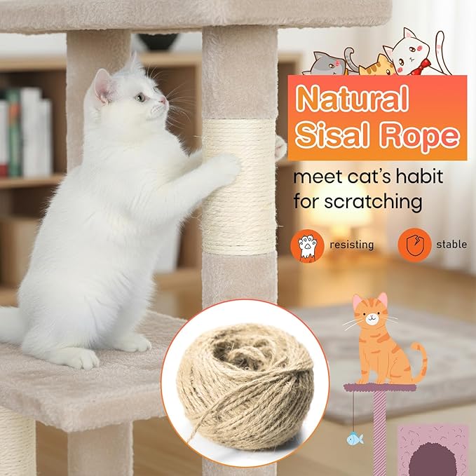 ‌Dopinmin 36" Winter Cat Tree - Plush Multi-Level Indoor Cat Tower with Sisal Scratching Posts & Ramp Plush Condo for Kittens,Beige