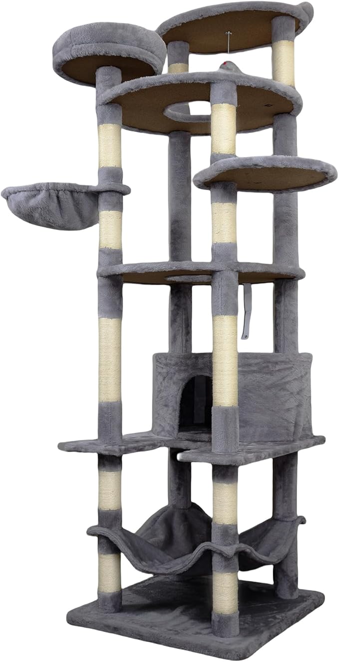 84.6 Inch Tall Cat Tree Tower with Large Base - 3 Condos, 11 Sisal Posts, 2 Hammocks & Interactive Toys, Multi-Level Cat Furniture for Multiple Cats, Durable Cat Climber (Dark Gray, 78.8 in)