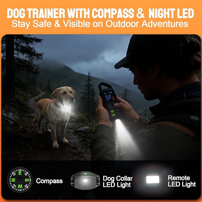 2-in-1 Dog Training Collar & Bark Collar, Safety Lock Remote, Adjustable Beep,Vibration & Shock,990ft Range,IPX7 Waterproof Dog Collar for 3 Dogs,Medium & Large,LED Light,Compass & Carabiner-2 Collars