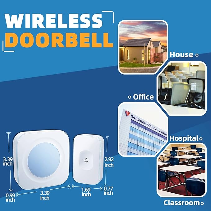 Wireless Doorbell 1200 feet Waterproof Door Bell with Flash LED Light 36 Melodies 4 Volume Levels (2 Receivers& 1 Touch Button, White JSIEEM)