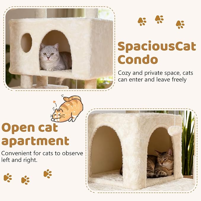BestOffice 62 Inch Cat Tree, Multi-Level Cat Tower with Condo, Perches, Sisal Scratching Posts, Climbing Ladder,Indoor Activity Center Play House for Kittens & Adult Cats, Beige