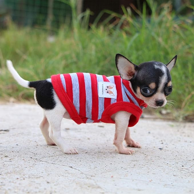 LOPHIPETS 100% Cotton Striped Dog Shirts for Small Dogs Chihuahua Puppy Clothes Tank Vest-Red and Gray Strips/XS