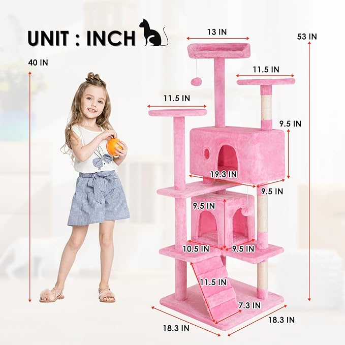Cat Tree 53 inches Cat Tower for Indoor Cats Cat House with Replaceable and Removable Dangling Ball Cat Trees and Towers with Funny Toys, Pink